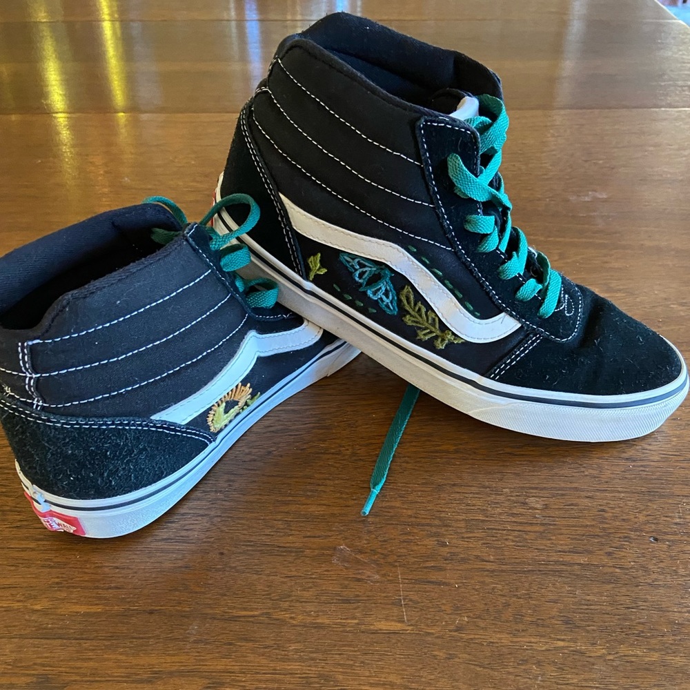Vans Hightop with custom embroidery. Black with green laces size 9 women.